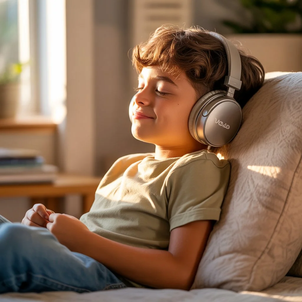 ولد صغير يرتدي سماعات رأس كبيرة ويستمع إلى موسيقى أو أغنية بعينين مغمضتين وابتسامة سعيدة على وجهه.